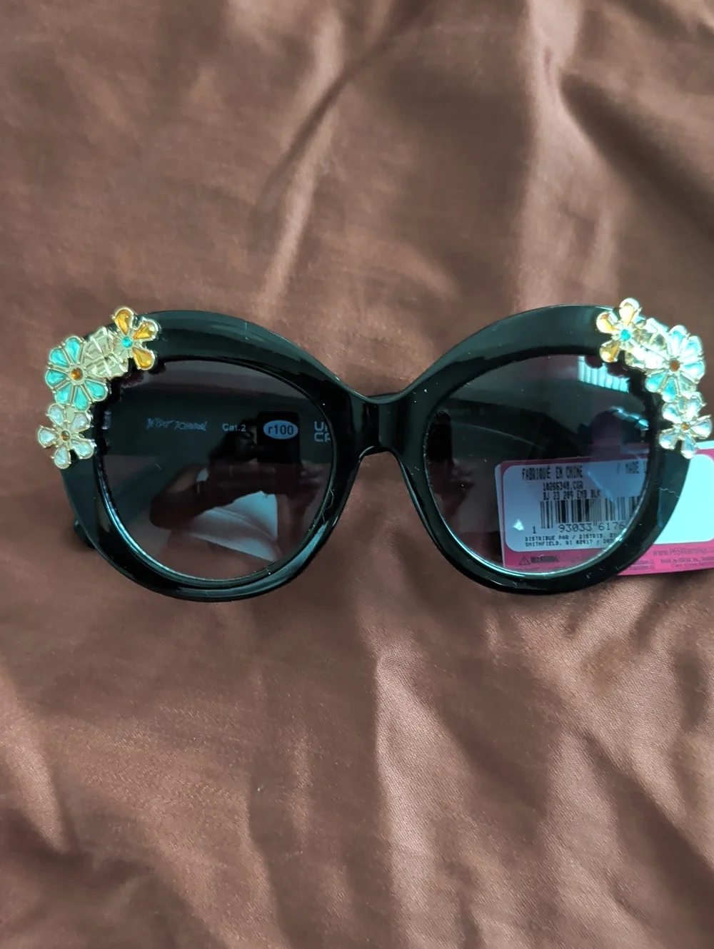 Betsey Johnson Black Round Sunglasses with Pastel Floral Embellishments